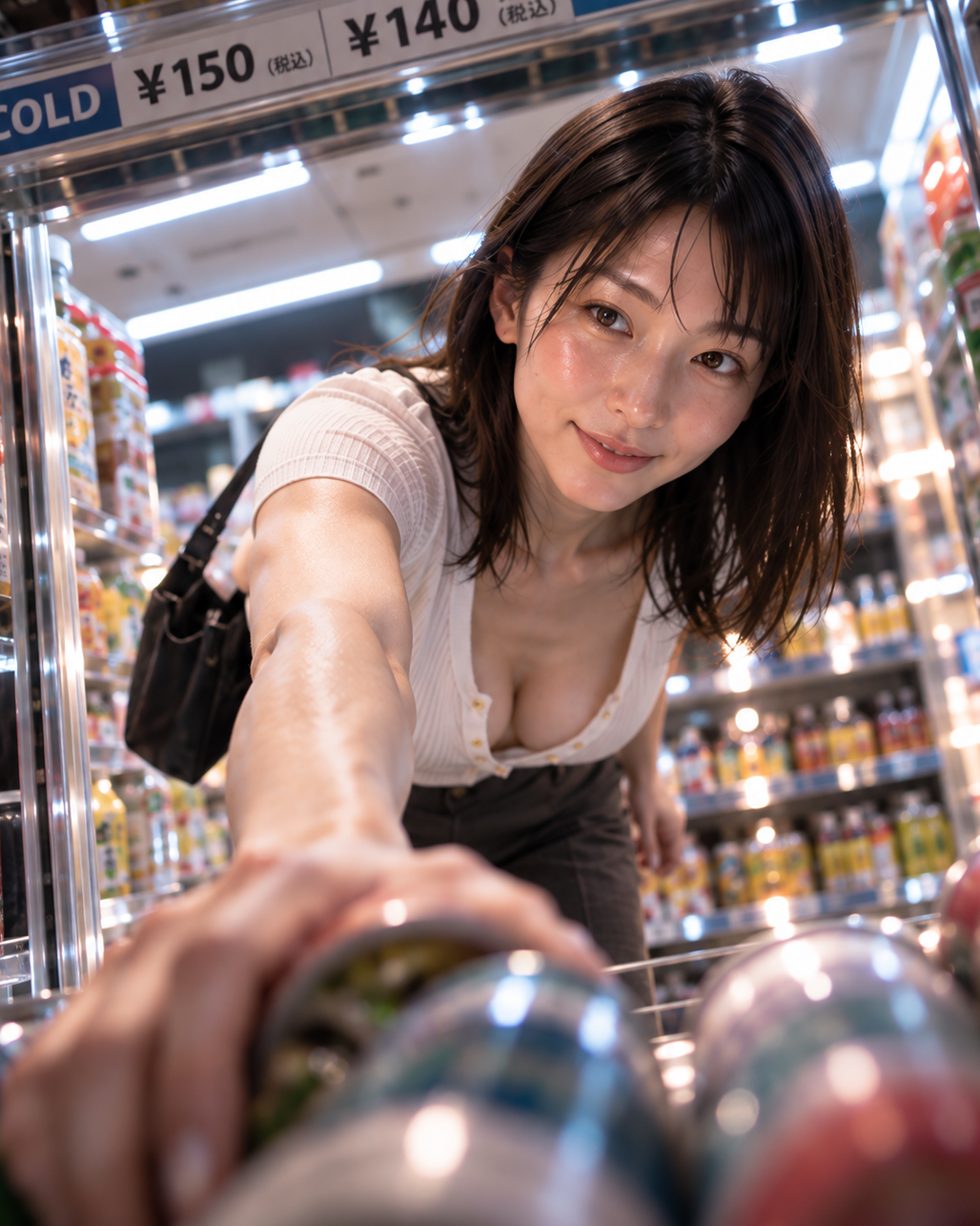 早朝のコンビニで買い物をする白石澪