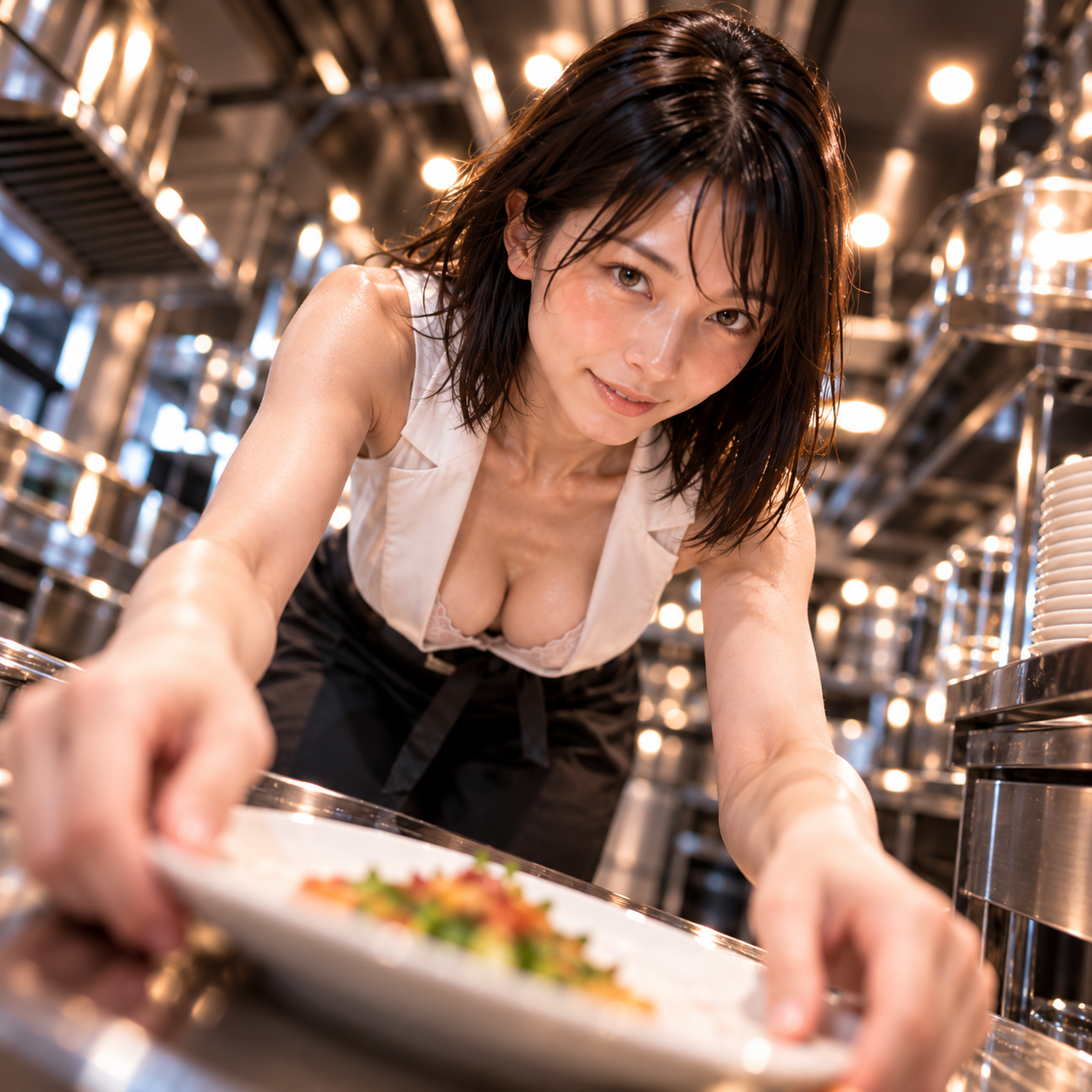 最後のオーダーに対応しながら閉店作業が始まりつつあるホテル厨房の白石澪