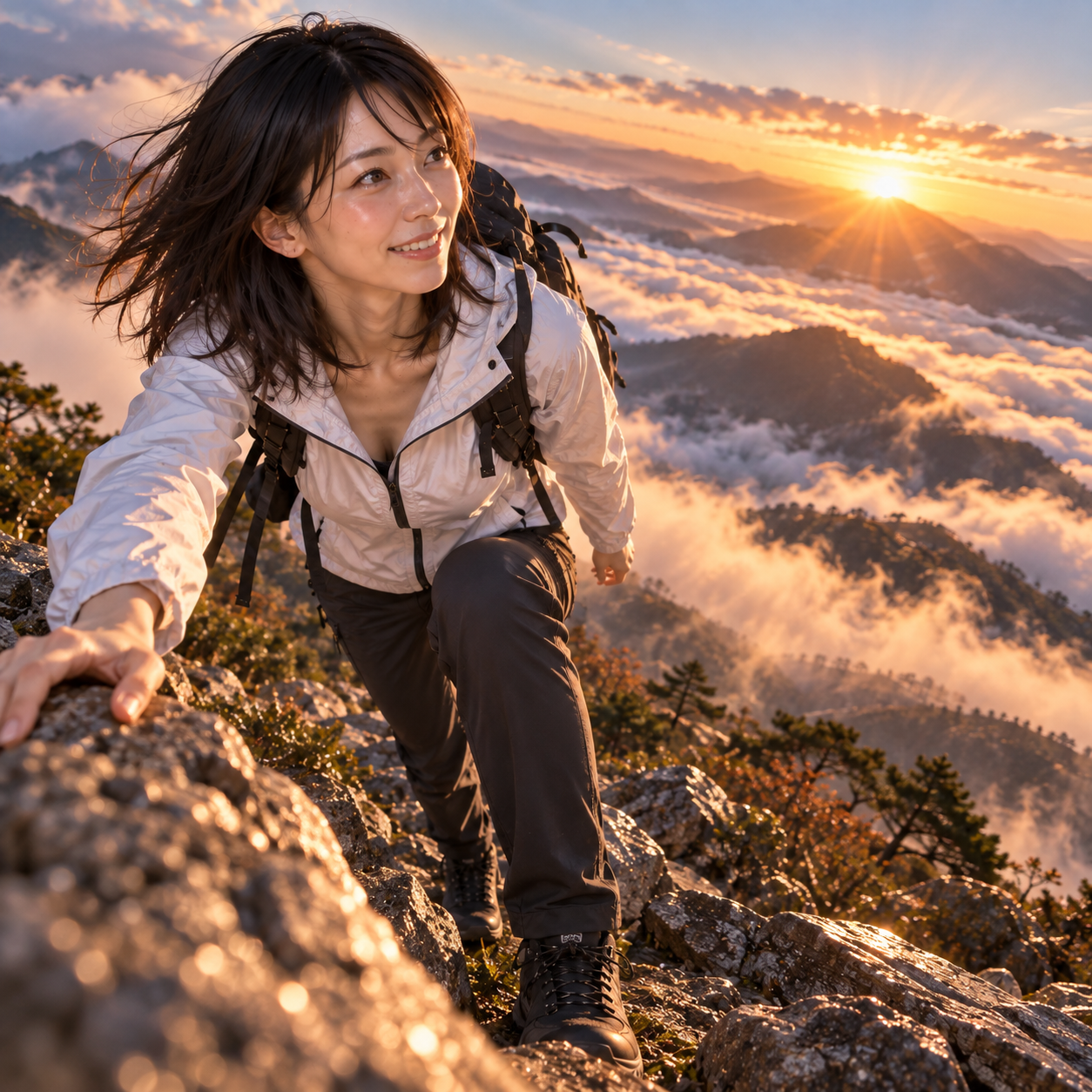 休日の早朝、雲海と朝焼けが広がる高原を歩く白石澪