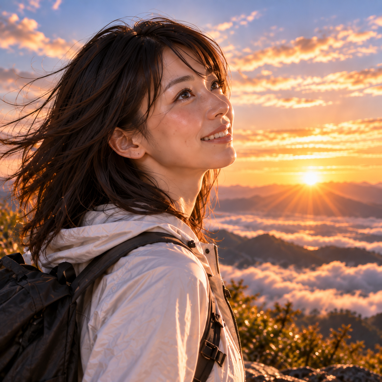 日の出と金色に染まる雲海を見つめる休日の白石澪