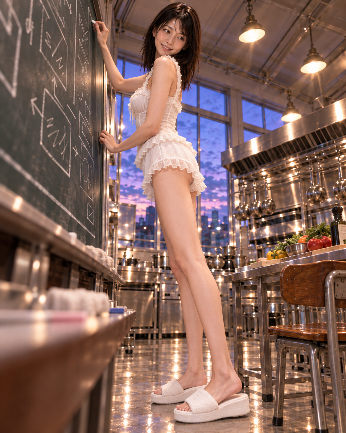 黒板と学校机がステンレス厨房に現れ、夜明け前の窓が広がる幻想的な教室厨房