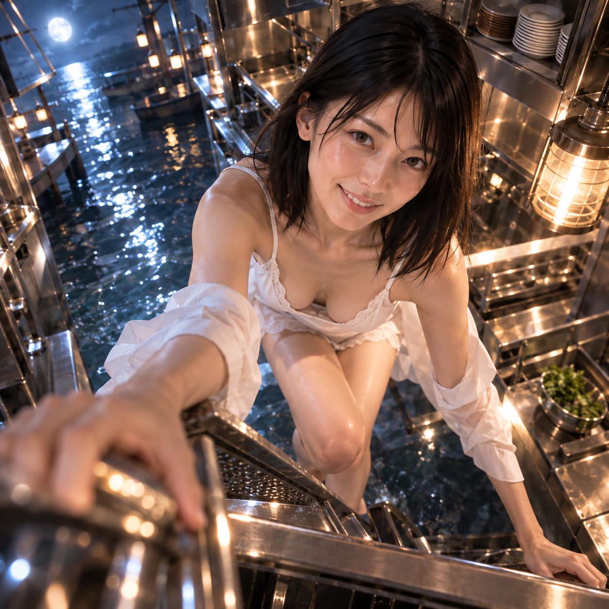 ホテル厨房と静かな渡し場が融合し、水面の向こうに小舟が浮かぶ幻想空間に立つ白石澪