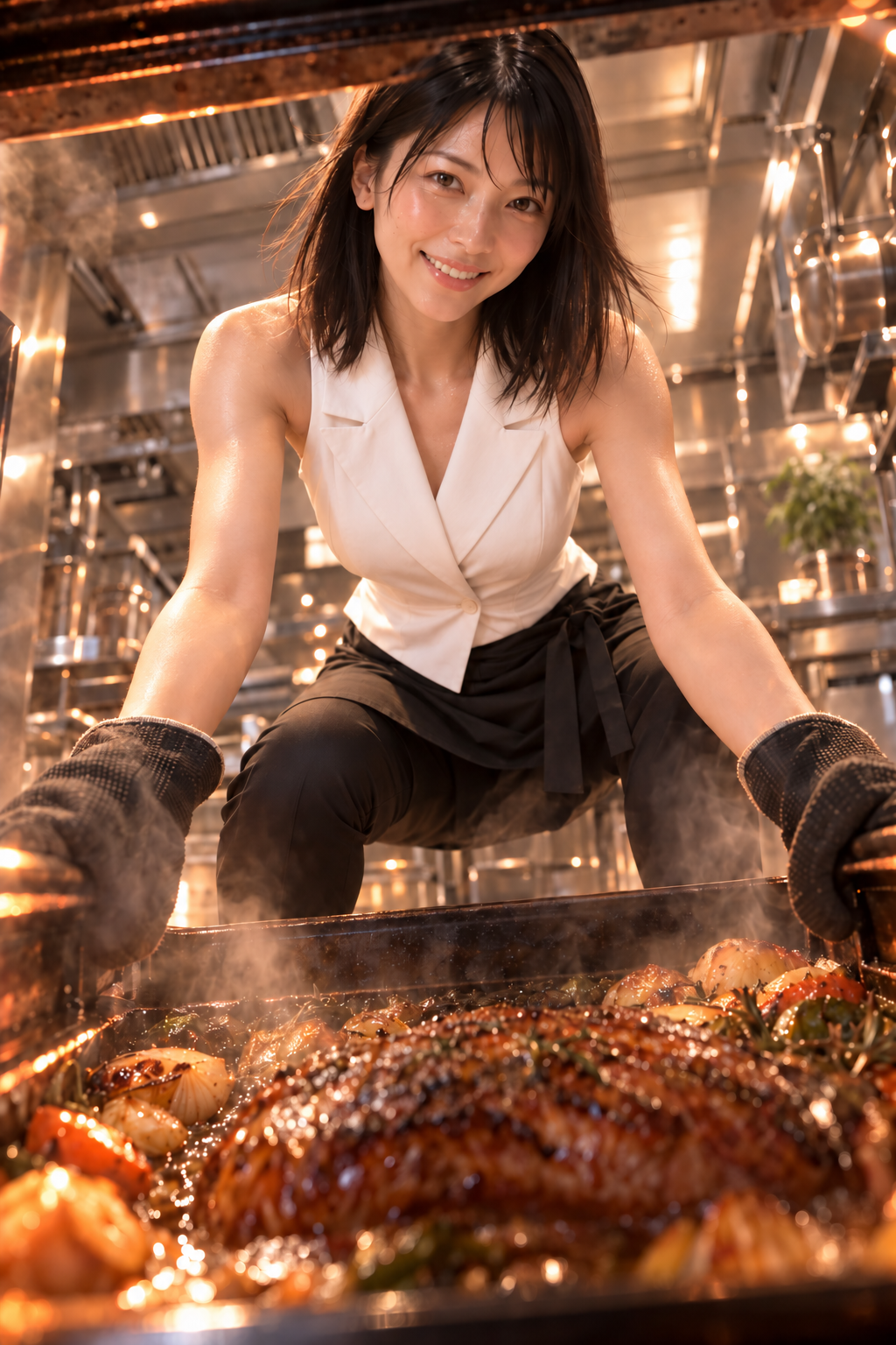 ホテルレストラン厨房でランチ・ディナー営業の料理を仕上げる調理スタッフ