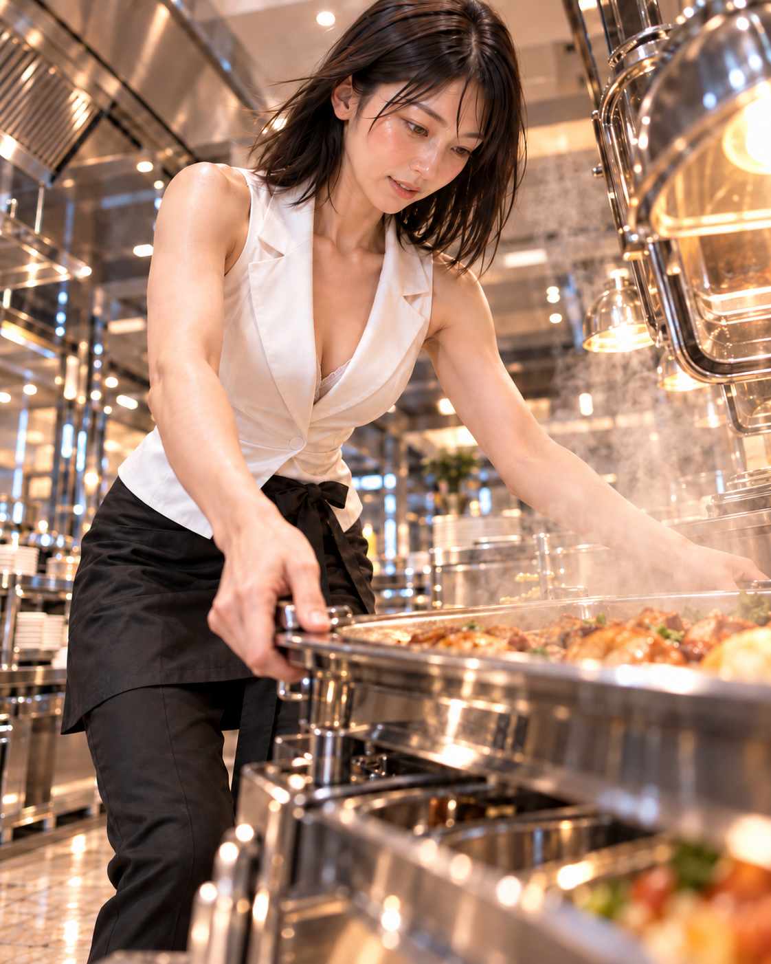 ホテル朝食ビュッフェの料理の残量を確認しながら補充する白石澪